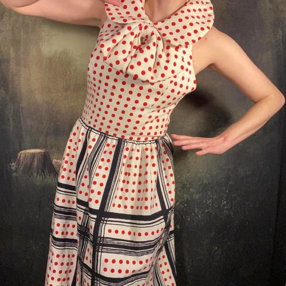 1960s/1970s Giant Collar/Bow Polkadot Red White and Blue Clown Vibes Maxi Dress - Picture 1 of 4